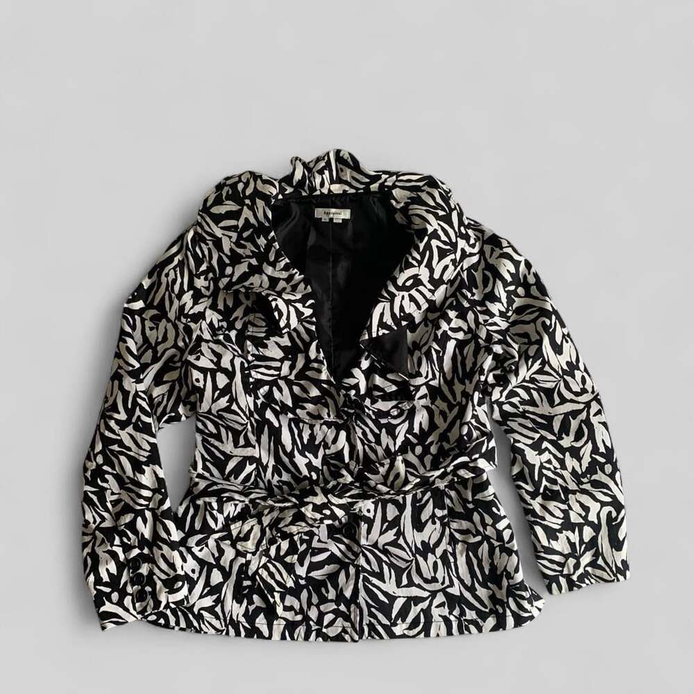 Appraisal Black White Abstract Jacket Size XL Cotton Ruffled Collar